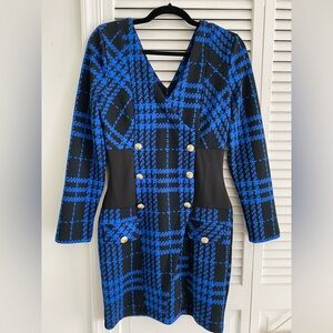 Size Small Royal Blue and Black Plaid Long Sleeve Dress